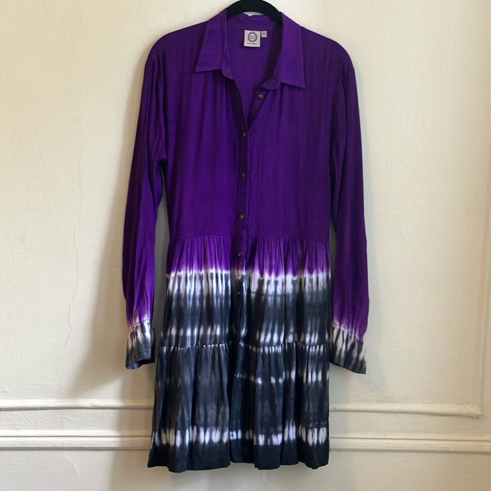 Purple Tie-Dye Button-Up Cotton Dress